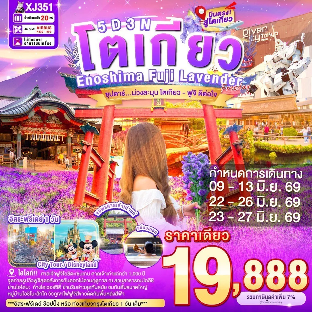 ทัวร์ญี่ปุ่น TOKYO ENOSHIMA FUJI LAVENDER FREEDAY 5วัน 3คืน (XJ)