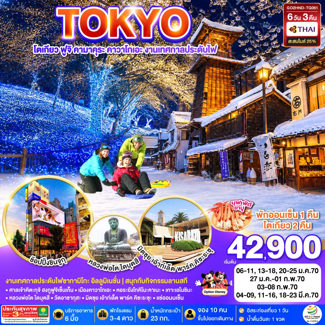 ทัวร์ญี่ปุ่น TOKYO FUJI SKI KAMAKURA KAWAGOE 6วัน 3คืน [TG]